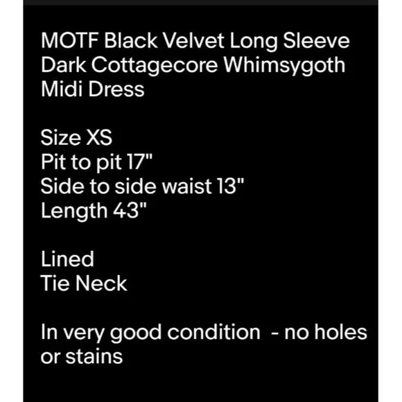 Black Velvet Long Sleeve Dark Cottagecore Whimsygoth Fairygrung Midi Dress Sz XS - Picture 7 of 7